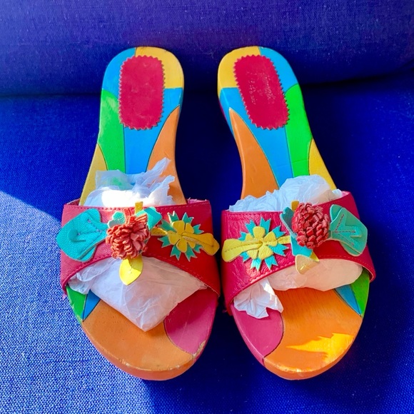 Vintage Shoes - 70s Gionata 🌈 Rainbow Wooden Leather Sandals  8